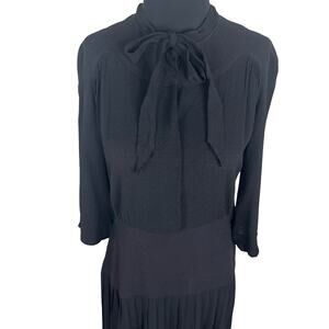 1930s Noir Rayon Crepe Dress Art Deco Talon Zipper Drop Waist Pleated Skirt ASIS